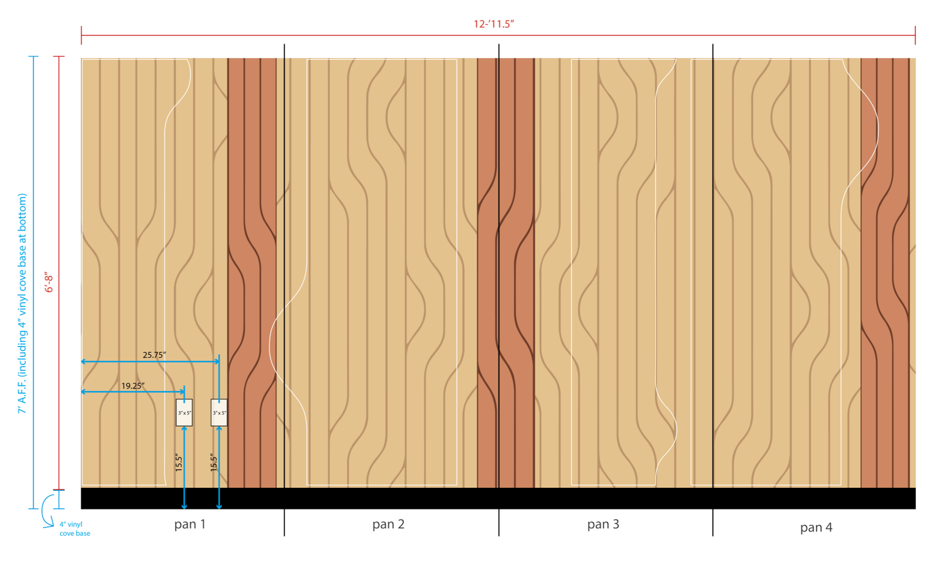 Deconstructed elevation of tree trunk-themed wallcovering design for Amazon SJC3 conference room, digitally printed on Dreamscape material for installation in Cupertino, California by JP Digital.