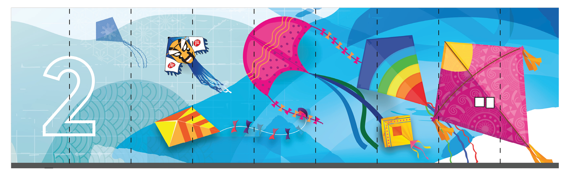 Colorful abstract wall graphics installed in corporate interior as large-format environmental branding.