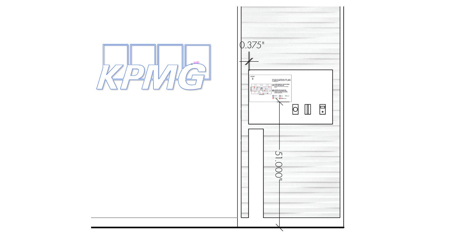Technical elevation drawing showing KPMG logo placement and dimensional signage layout for installation at the KPMG San Jose office.
