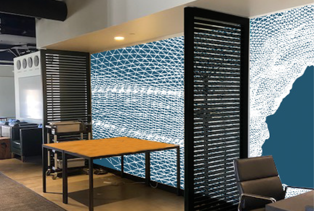 Interior view of custom large-format printed wallcovering at Google Santa Cruz, enhancing the workplace environment with branded environmental graphics.