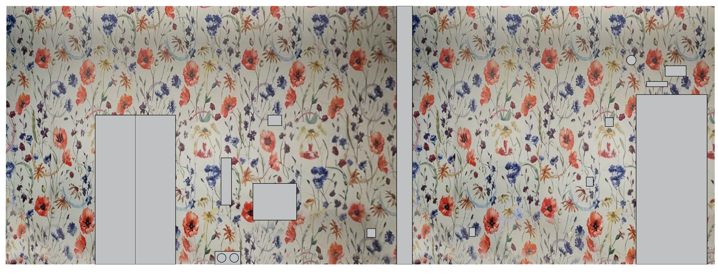 Amphitheatre hallway wallcovering mockup showing full-height floral environmental graphics with doors and utility elements overlaid for layout planning.