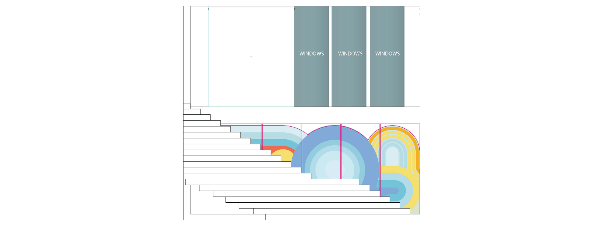 Staircase wallcovering elevation showing custom geometric mural with panel layout, window alignment, and installation planning for commercial interior