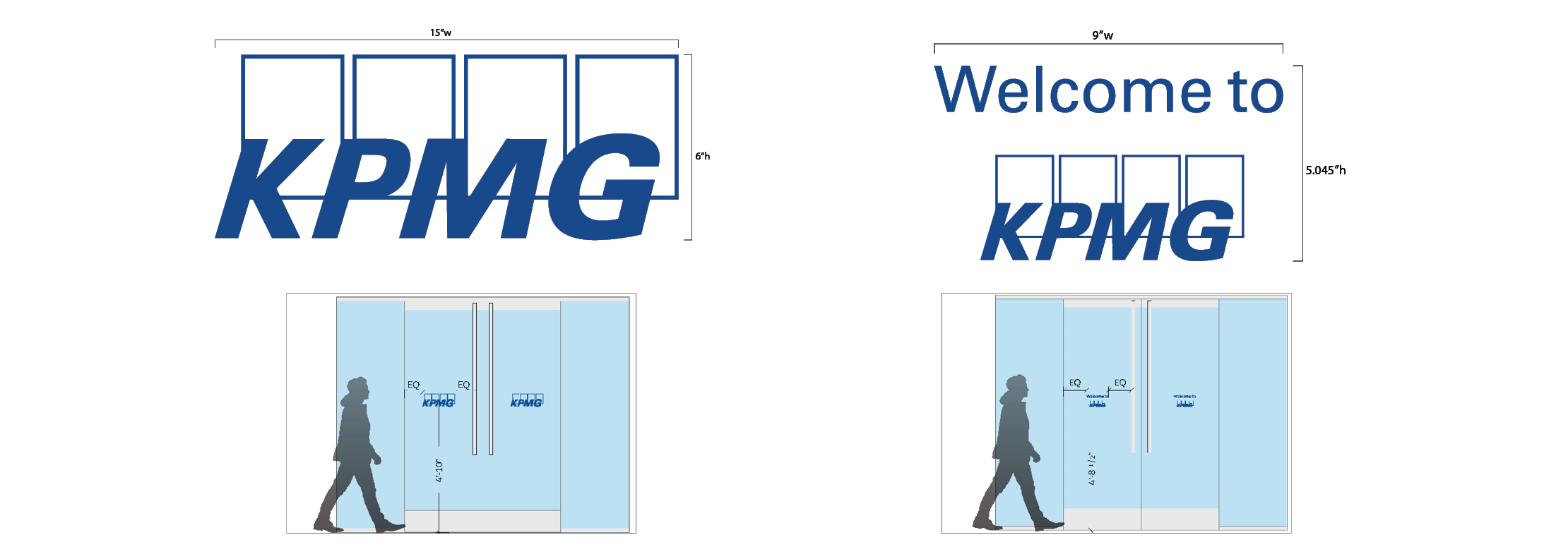 Glass door vinyl graphics with KPMG branding and welcome messaging designed for entryway installation at the KPMG San Jose office.