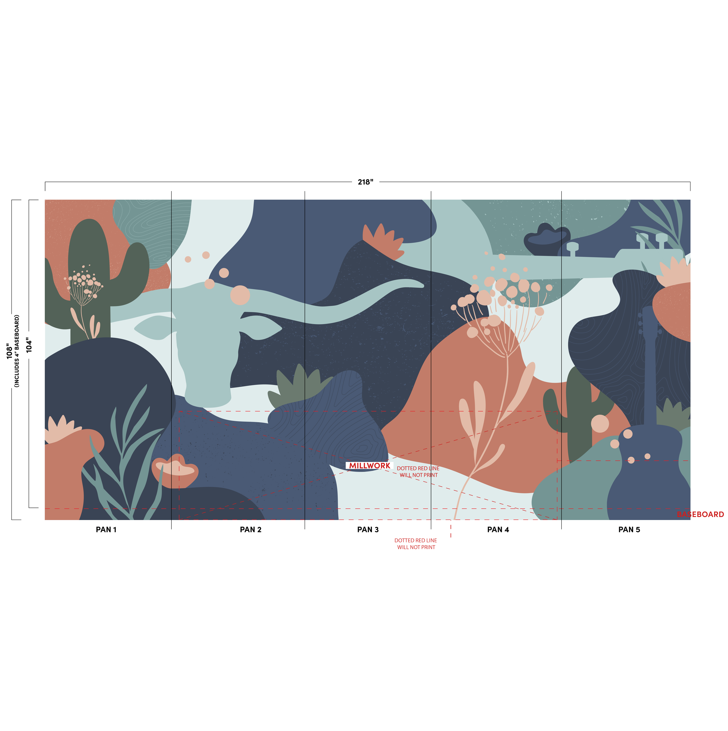 Design proof for eBay Austin custom wallcovering featuring abstract nature-inspired graphics and color blocking for large-format environmental installation.