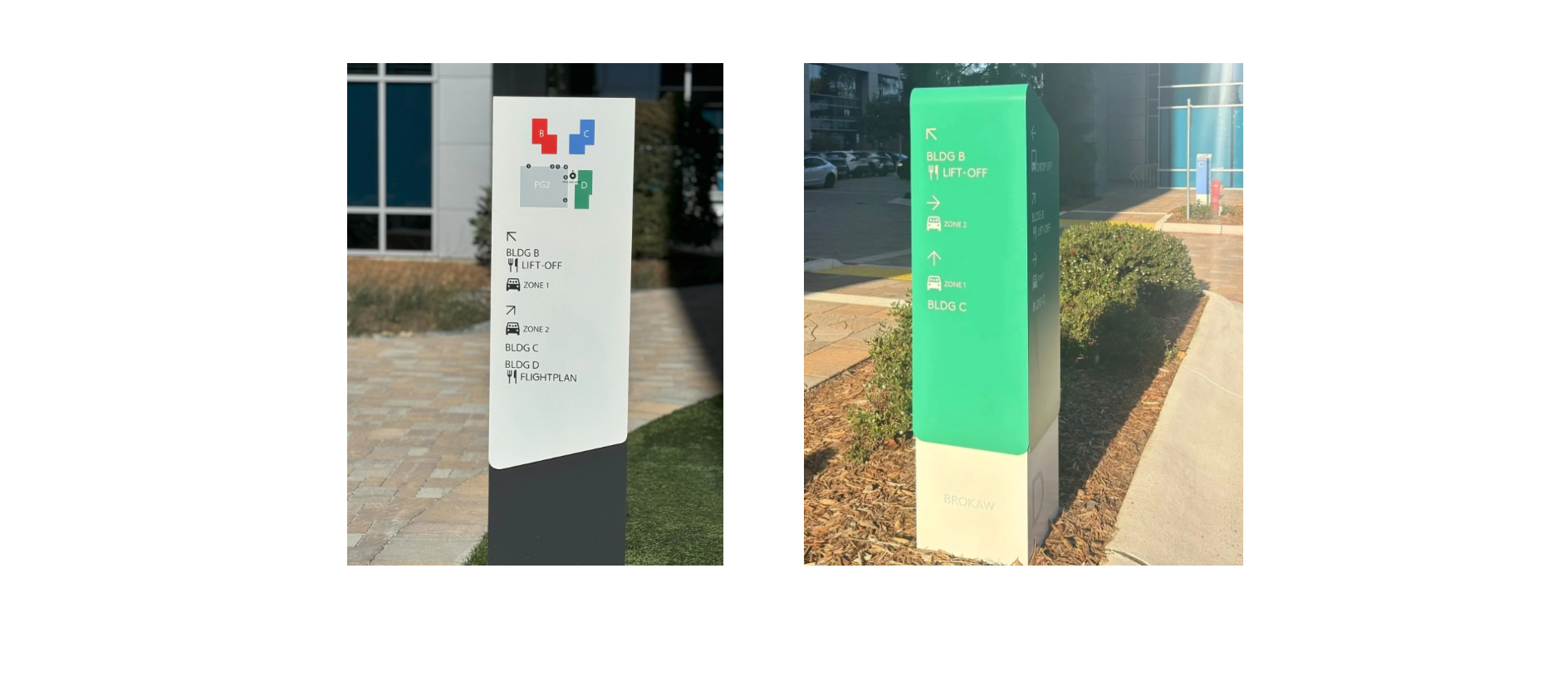 Exterior campus wayfinding monument signs with directory maps and building directions for corporate office navigation system.