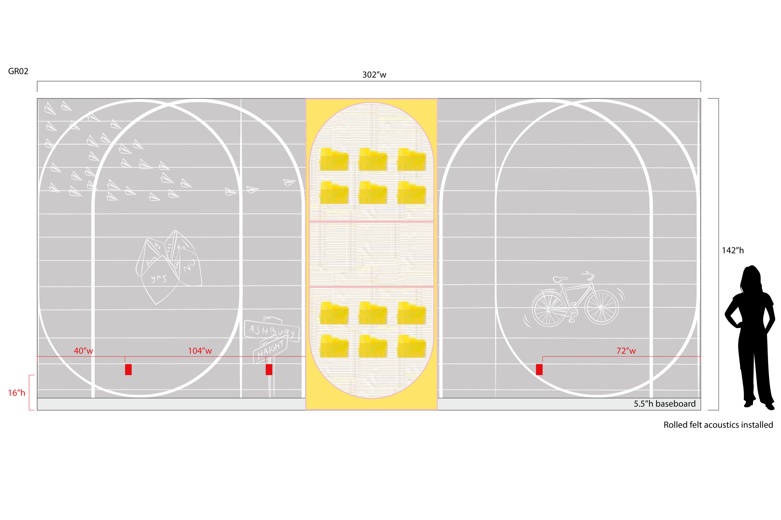 Elevation mockup of Pinterest San Francisco feature wall with arched environmental graphics and central writable panel, shown with human scale reference for spatial planning by JP Digital.