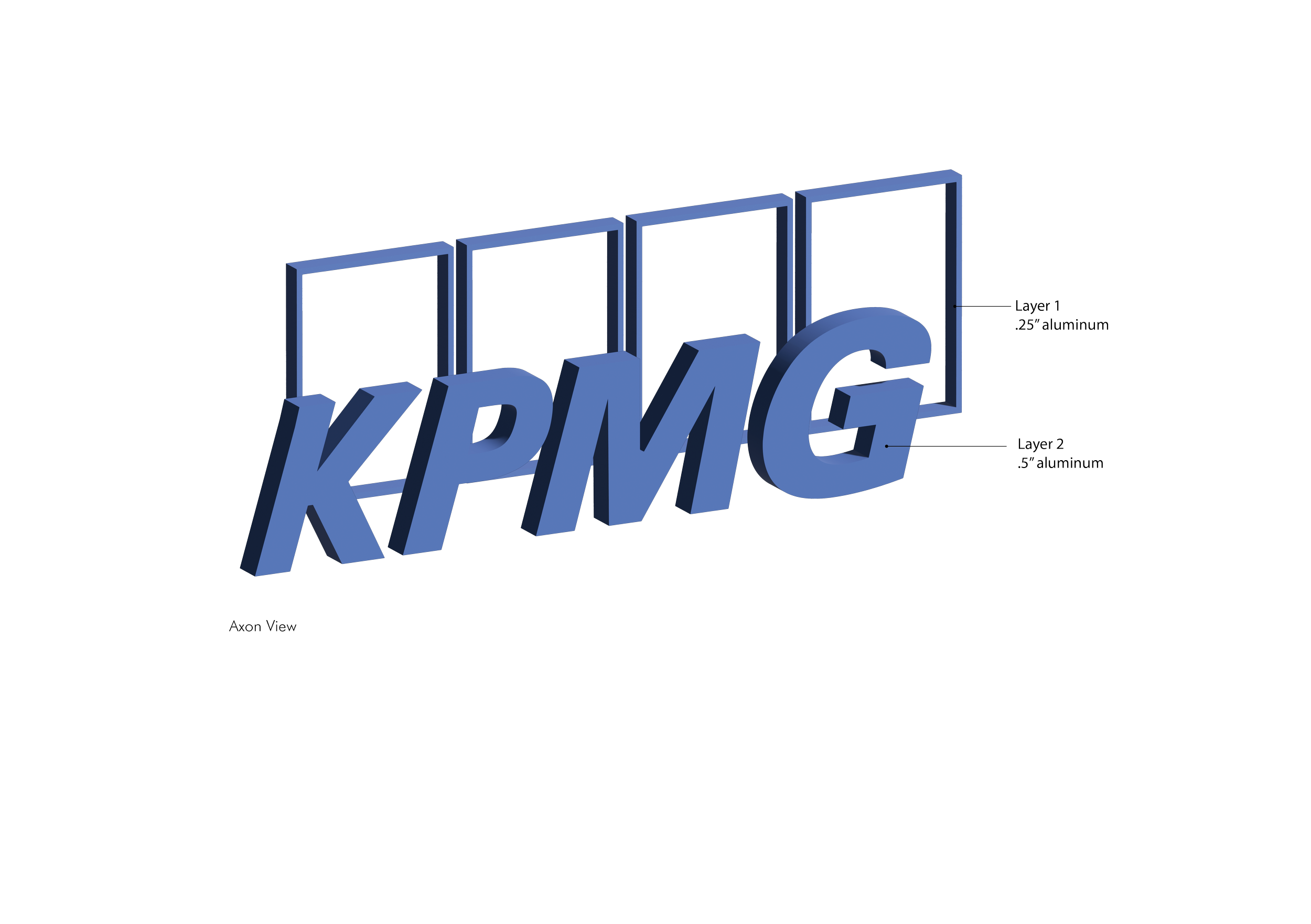 Diagonal view of dimensional KPMG logo wall signage for corporate office branding in Minneapolis, Minnesota.