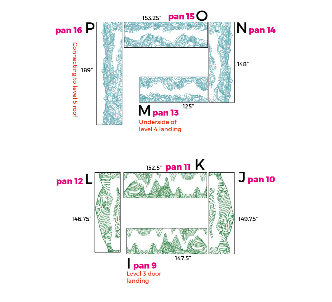 Elevation plan for large-format stair graphics at Google Santa Cruz, illustrating scale, alignment, and wallcovering installation layout.
