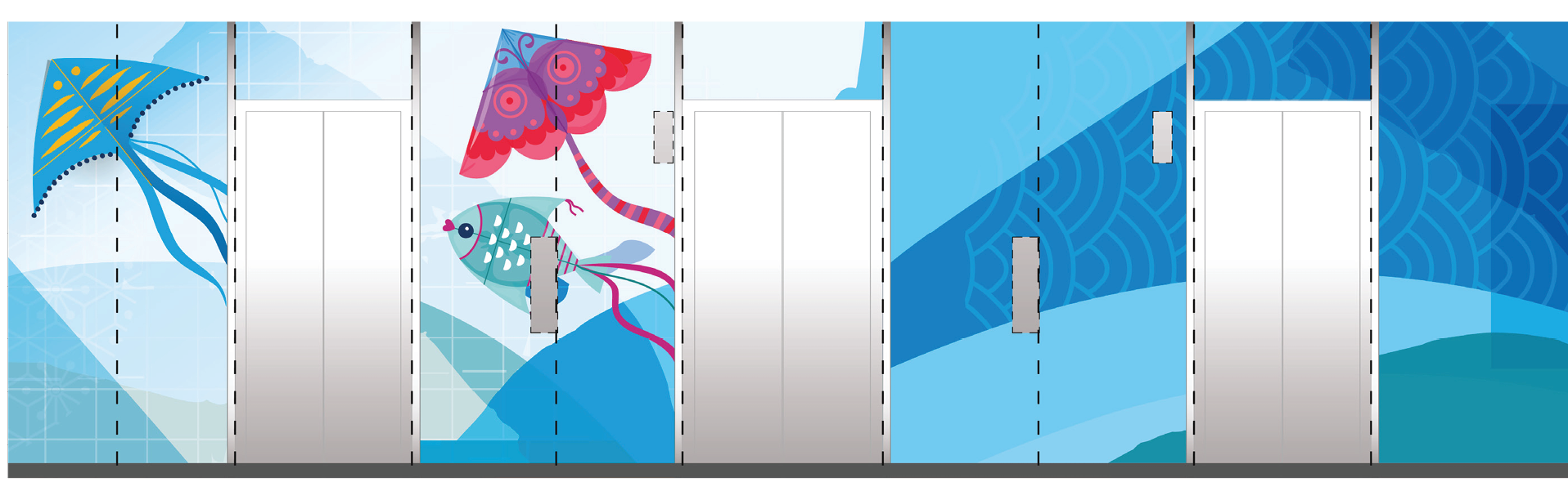 Modern geometric environmental graphics with clean color blocks designed for corporate interior wall branding.