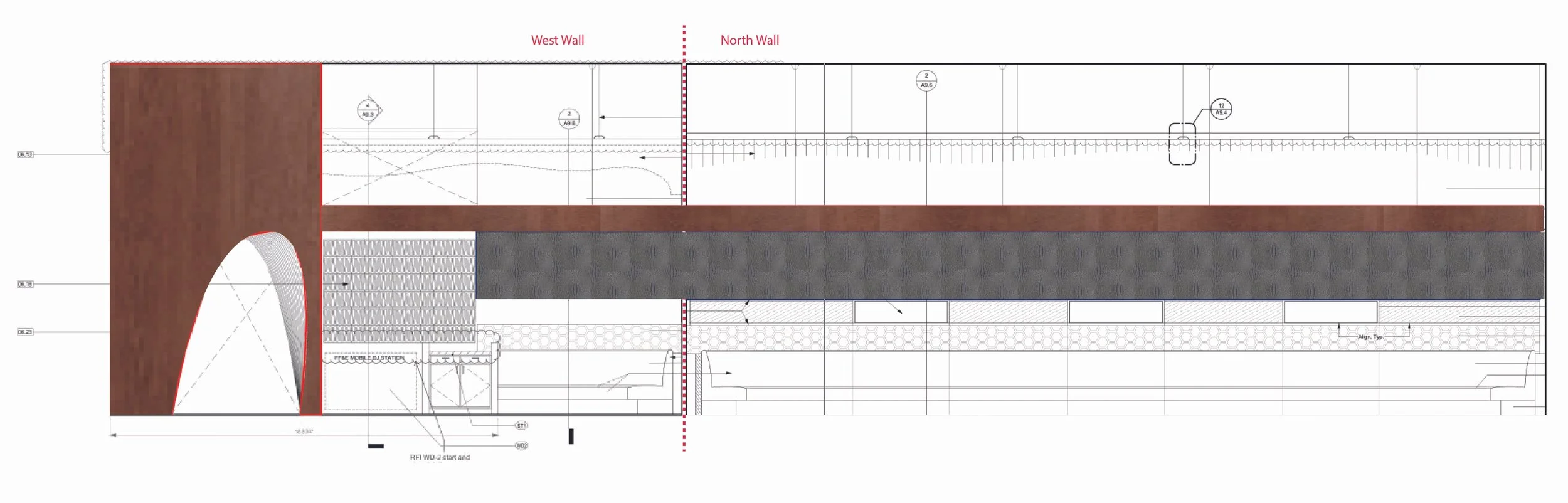 Architectural wall elevation detail showing interior finish layout, material transitions, and construction dimensions for commercial wall installation.