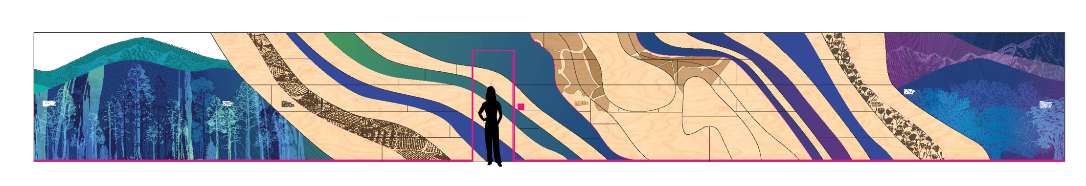 Environmental graphic wallcovering design integrated with architectural wood panel elements and scale reference for installation at the KPMG San Jose office.