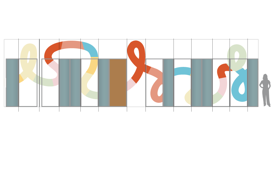 Design elevation showing abstract ribbon-style environmental graphics spanning glass window wall system 