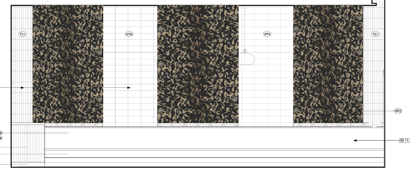 Wallcovering elevation drawing showing panel spacing, seam layout, and wall gaps for precise commercial wallpaper installation planning.
