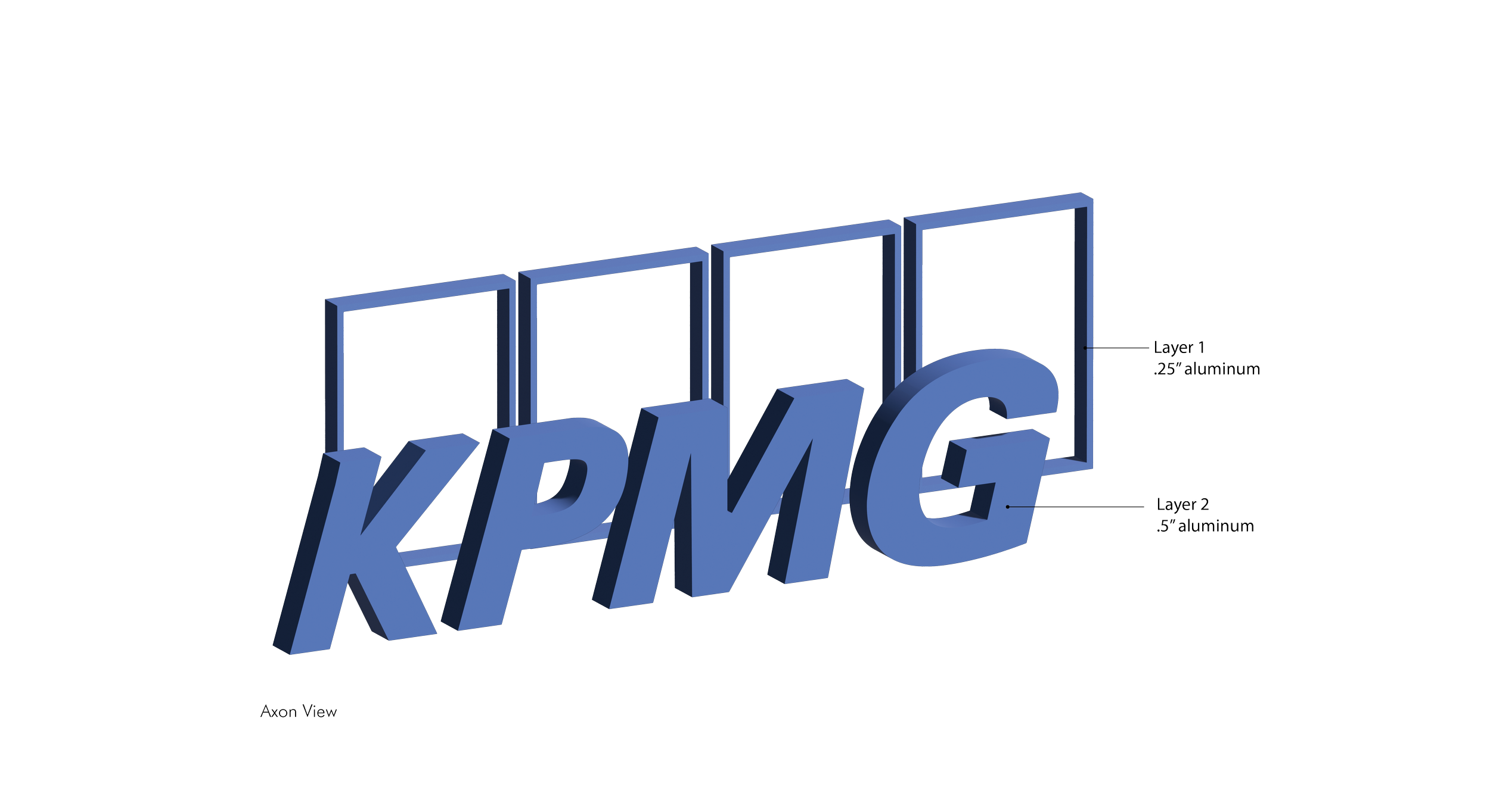 Diagonal 3D rendering of KPMG dimensional logo signage design for fabrication and installation at the KPMG San Jose office.