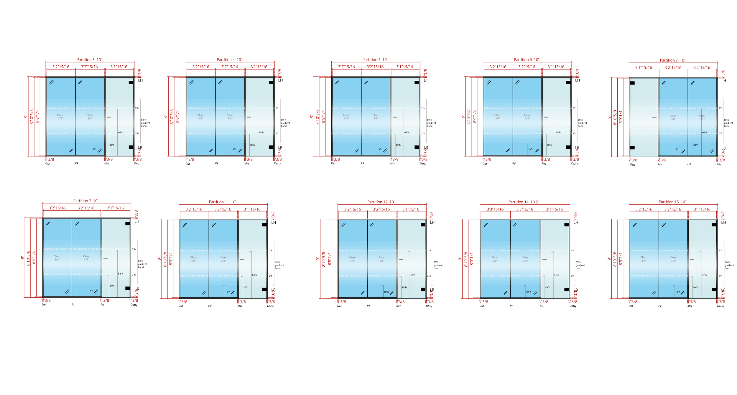 Window film layout and panel elevation drawings showing placement and sizing for privacy film installation at the KPMG San Jose office.