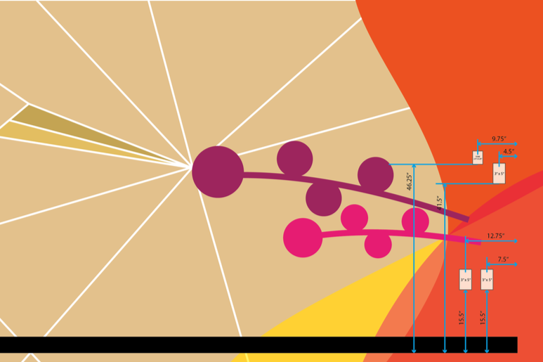 Abstract geometric wallcovering elevation with color block and node graphic design for Amazon SJC3 stairwell, digitally printed by JP Digital in Cupertino, California.