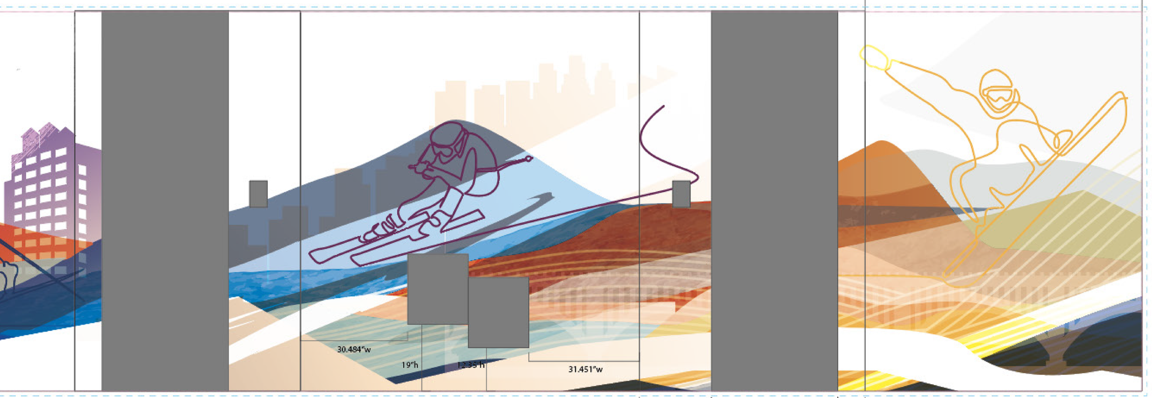 Concept rendering of large-scale environmental wallcovering with integrated dimensional rope and illustrated graphics designed for the KPMG Minneapolis workplace.