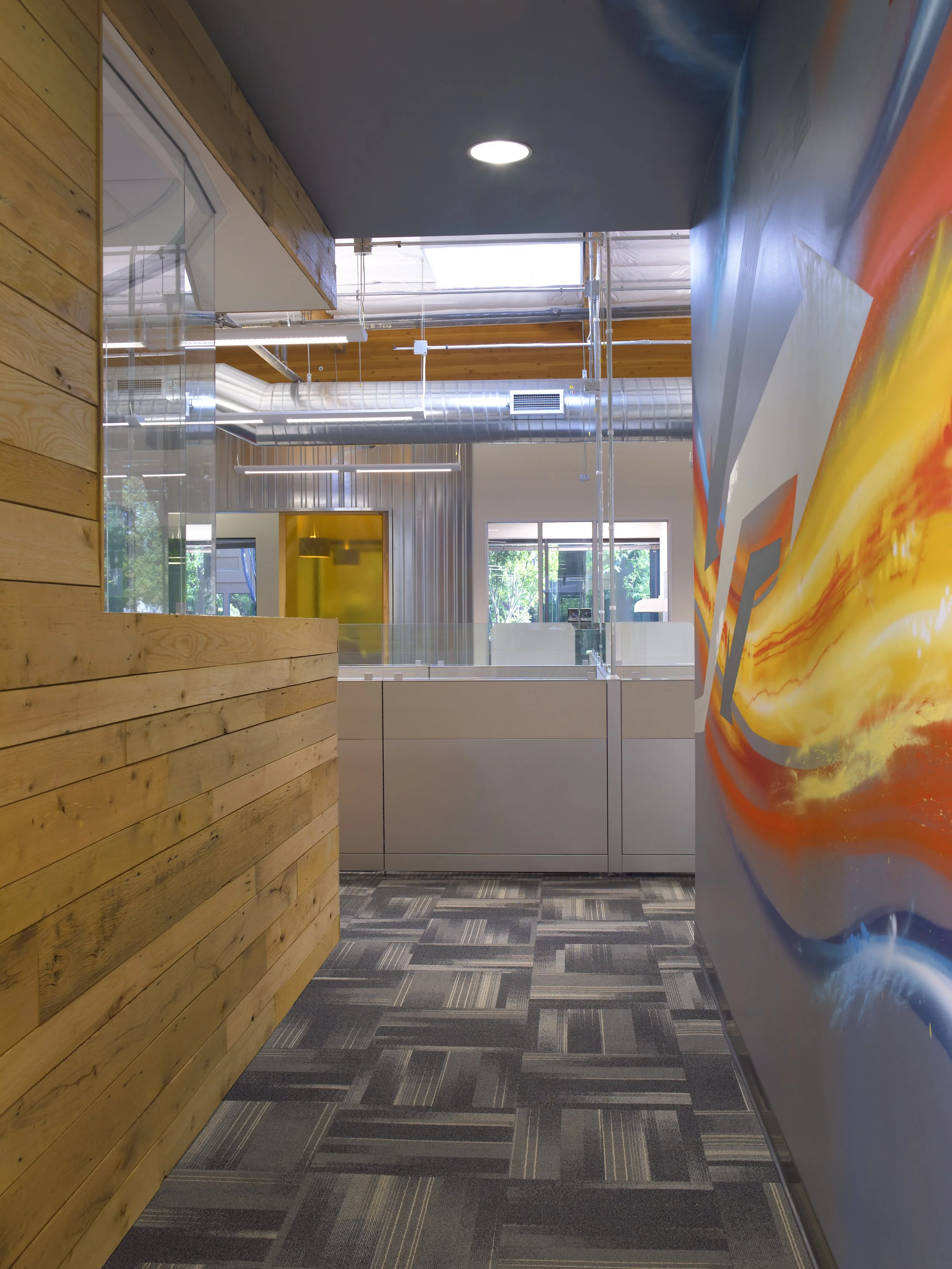 Large-format gradient wall mural used as a feature wall to add color and visual impact in a commercial interior.