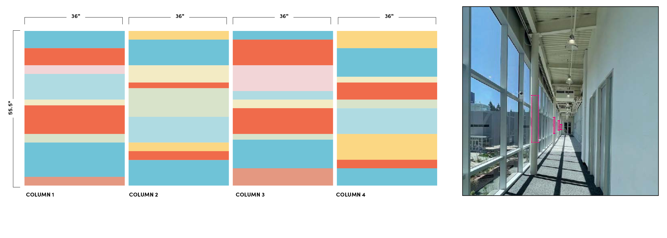 Color study and corridor mockup showing striped environmental graphic concepts for an amphitheatre hallway wayfinding and branding installation.