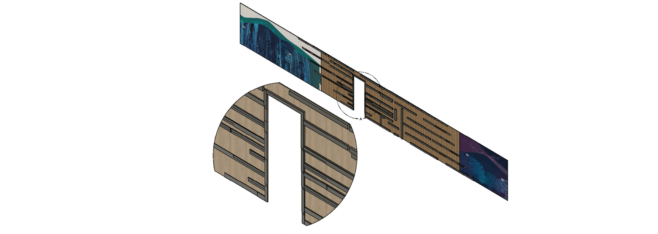 Composite rendering showing integration of environmental graphic wallcovering with architectural wood slat panels for installation at the KPMG San Jose office.