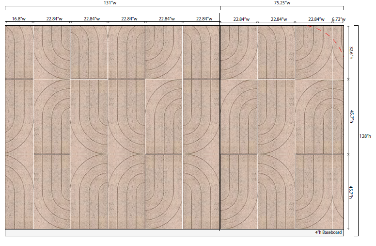 BAUX Wood Wool acoustic panel layout drawing showing curved pattern design for commercial wall installation.