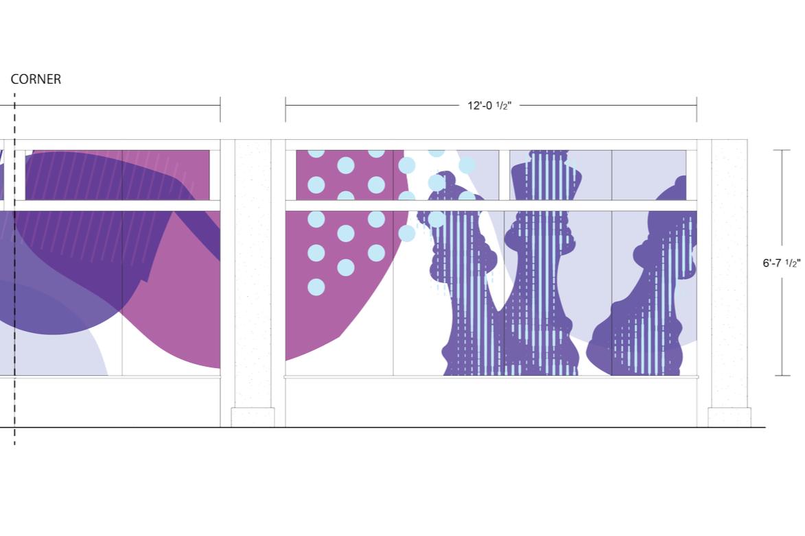 Design intent layout for eBay New York office glass film featuring abstract purple branded environmental graphics for workplace glazing