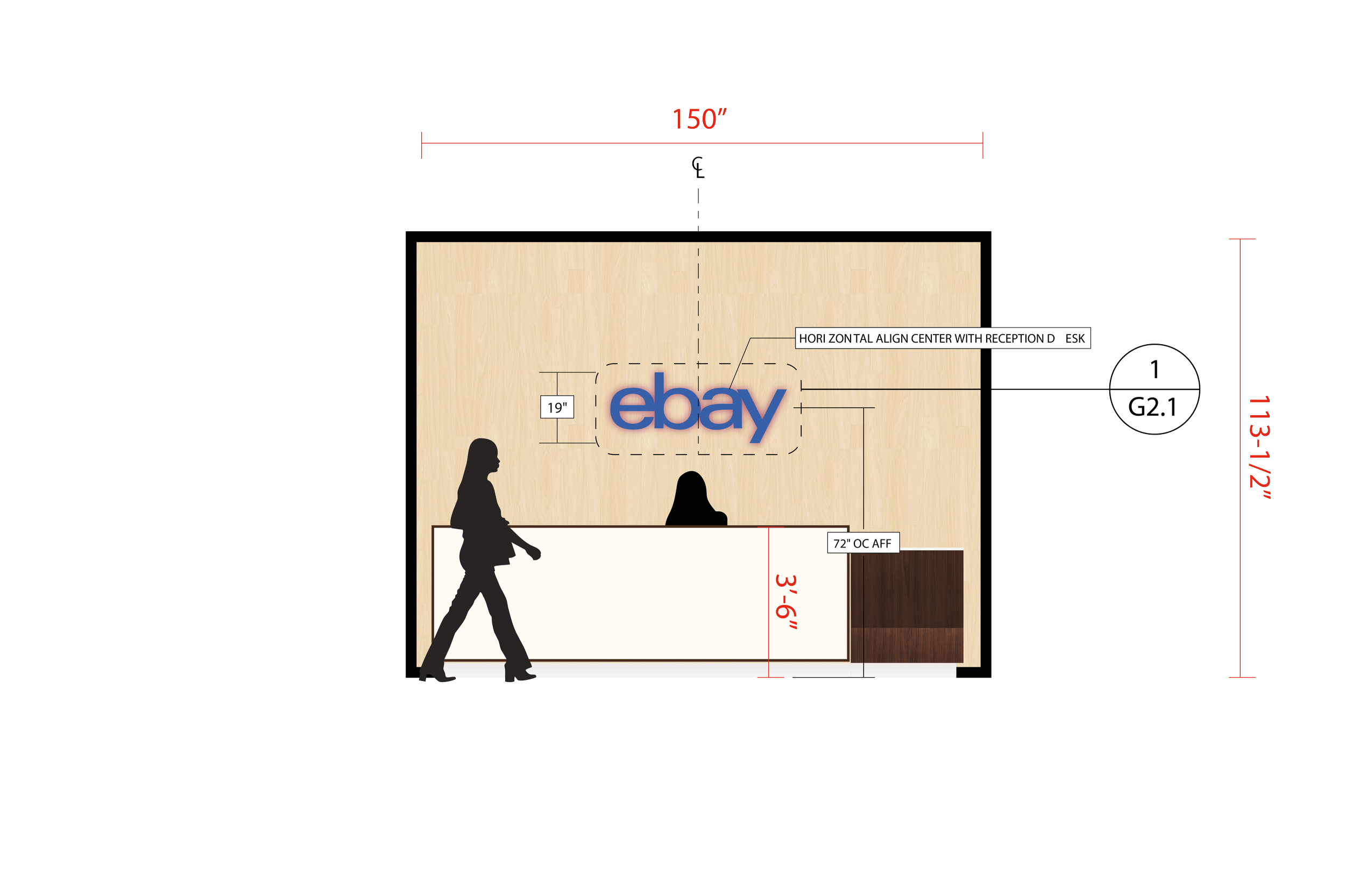 Elevation drawing showing placement and scale of backlit eBay logo at reception desk for New York office lobby signage