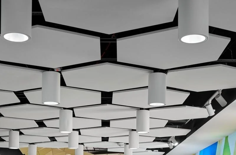 Custom Techlite acoustic ceiling panels installed in Mountain View office to improve sound absorption and reduce noise in open workplace environments.