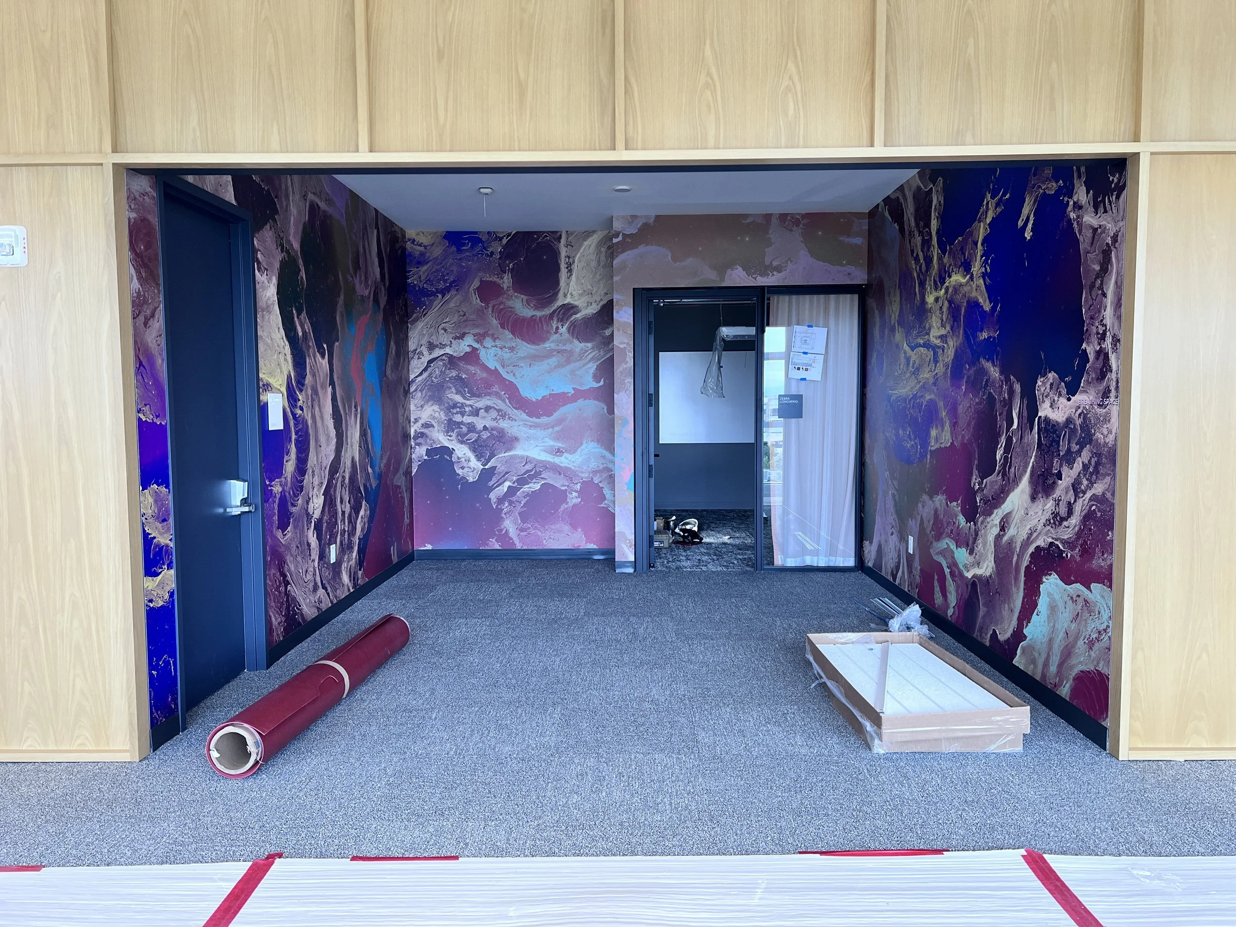 Large-format immersive mural wallcovering transforming a corridor into a branded environmental experience.