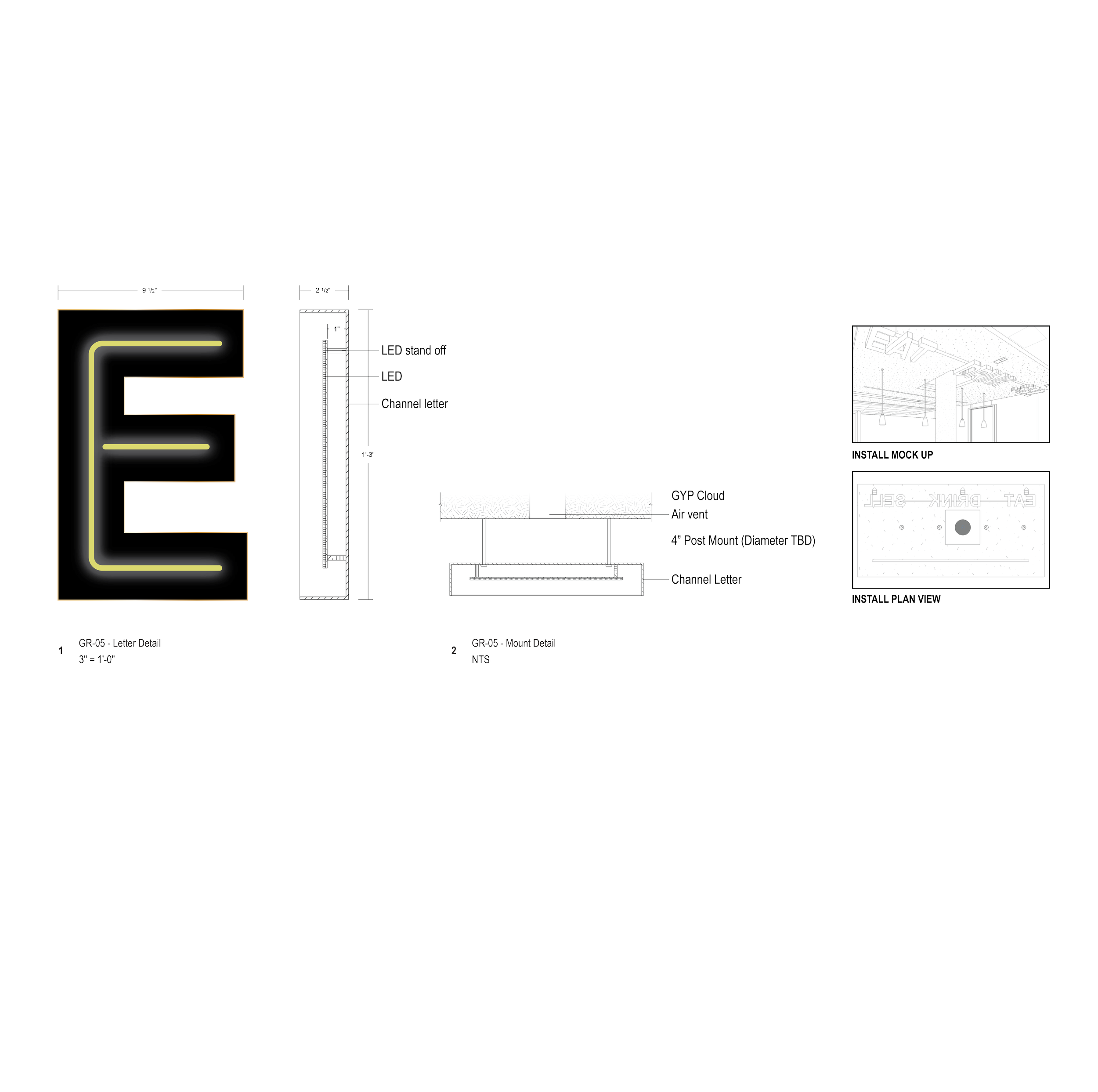 Technical detail drawing of backlit channel letter showing LED illumination, standoff mounting, and fabrication specifications for eBay New York office signage
