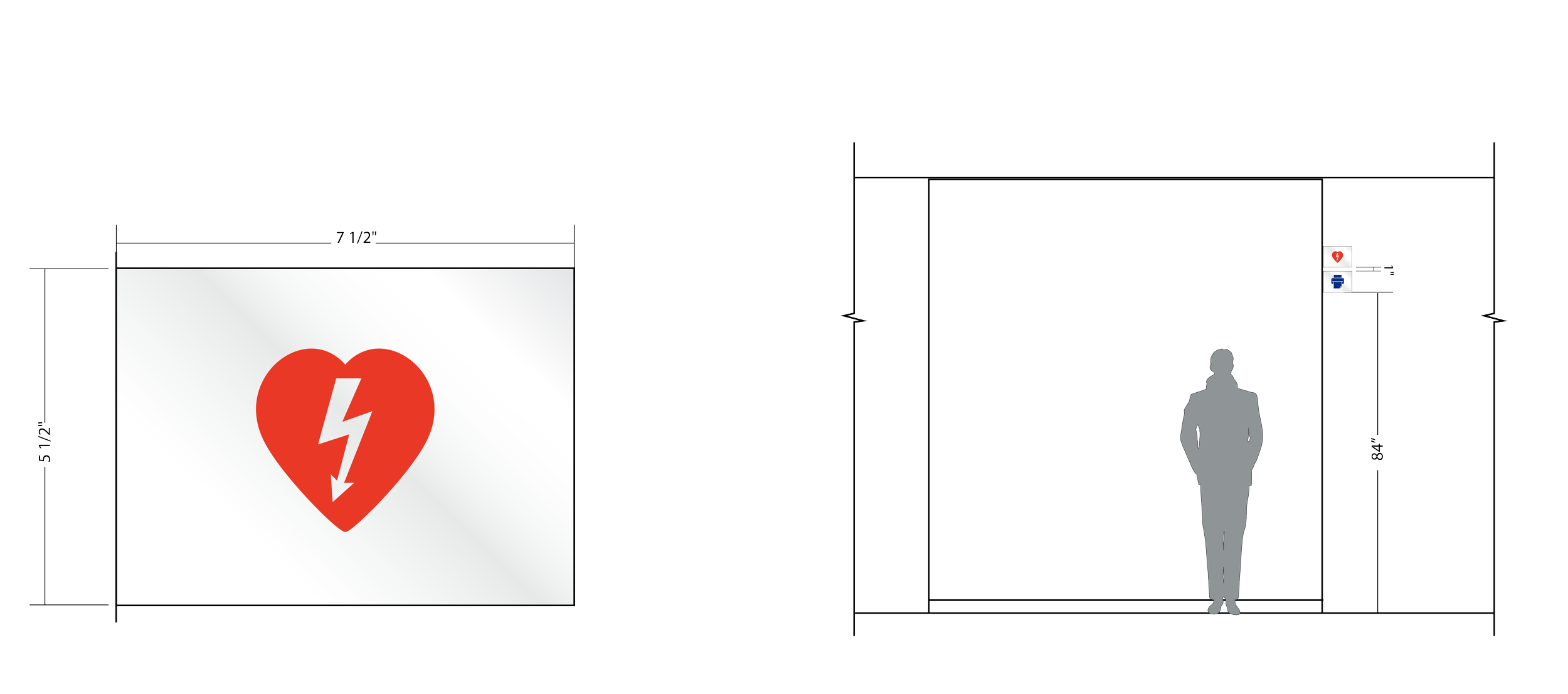 Automated external defibrillator (AED) safety signage layout and mounting detail for code-compliant installation at the KPMG San Jose office.