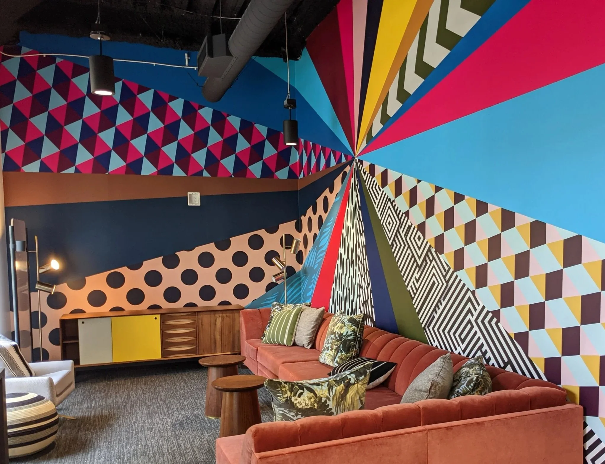 Angled detail of custom colored slat wall installation at Google Santa Cruz, highlighting depth, spacing, and dimensional craftsmanship.