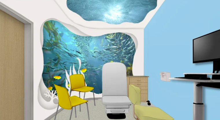 Sea-life themed corridor graphics at UCSF Stad Center designed to enhance wayfinding and provide a welcoming pediatric healthcare experience.