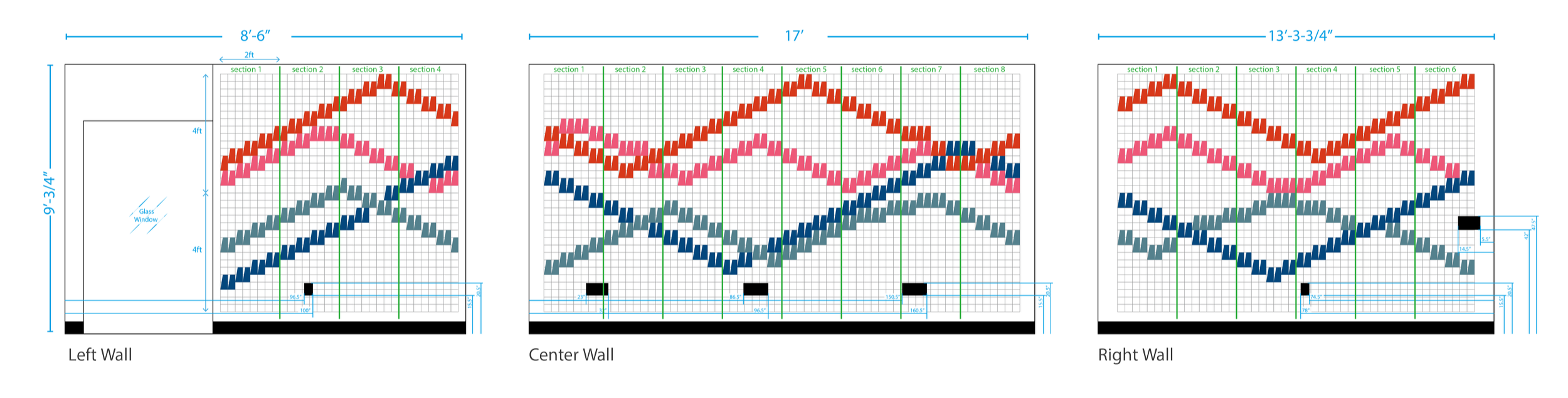 Color and material study for custom dimensional fin wall at Google Santa Cruz, showing layered color sequencing and design development for a large-scale environmental feature.