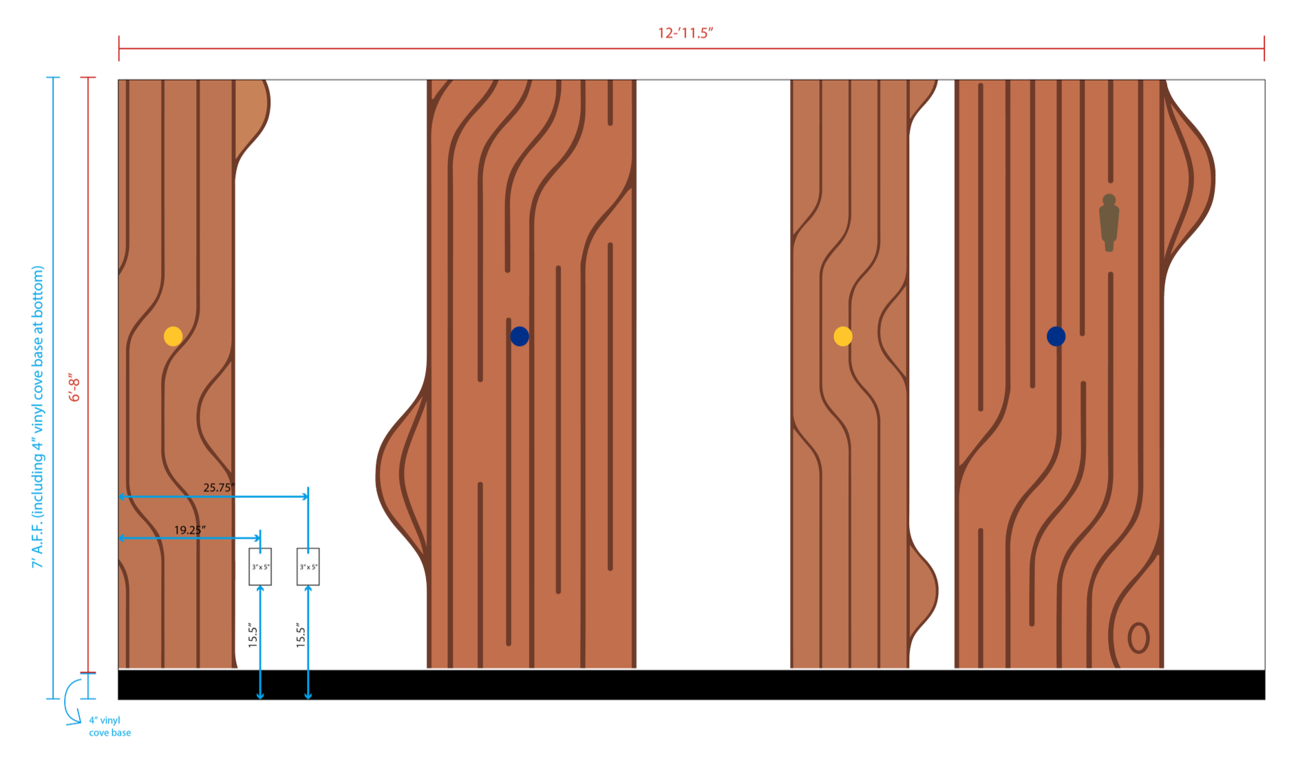 Tree trunk wallcovering with dimensional routed MDF elements and wood texture detail for Amazon SJC3 conference room installation in Cupertino, California by JP Digital.