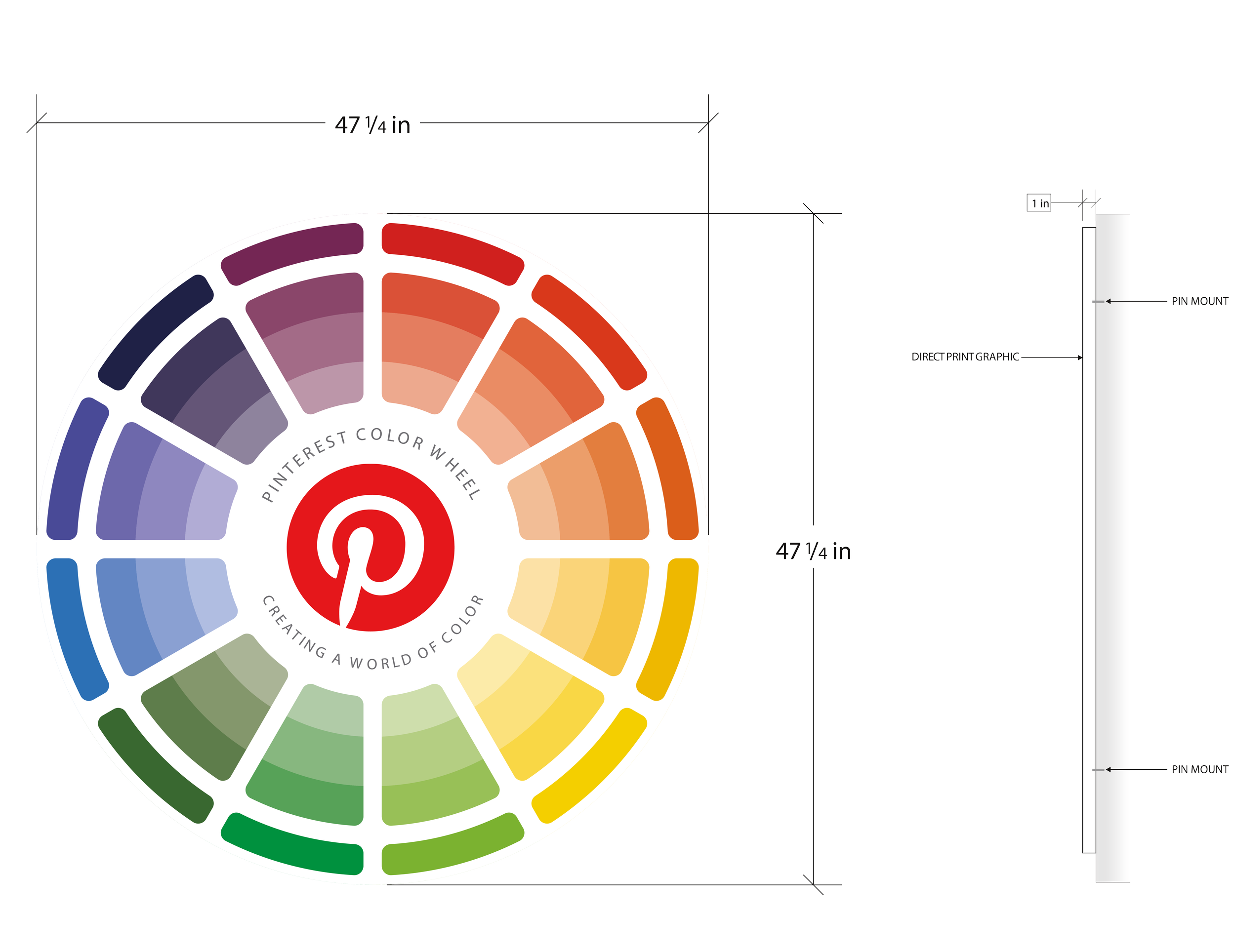 Pinterest brand color wheel graphic mockup for  San Francisco office, showcasing large-format environmental branding and corporate wall graphics by JP Digital.