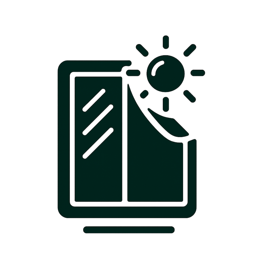 Commercial window film icon representing privacy film, decorative glass film, solar control film, and architectural window film installation