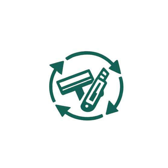 Waste-reduction fabrication and installation icon representing efficient material use and sustainable practices for commercial signage and graphics.