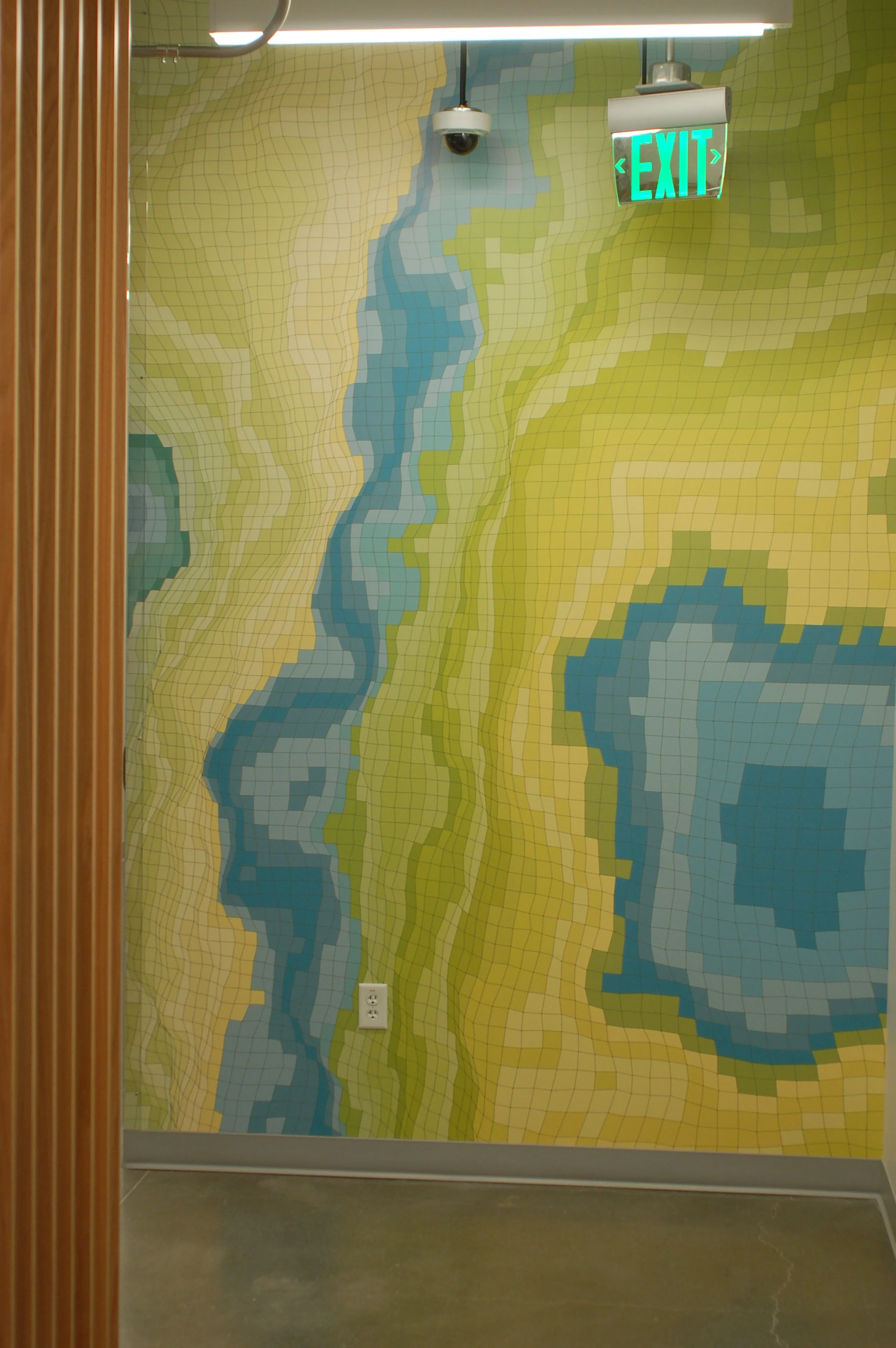 Topographic map-style wallcovering creating a textured, nature-inspired feature wall in a commercial interior.