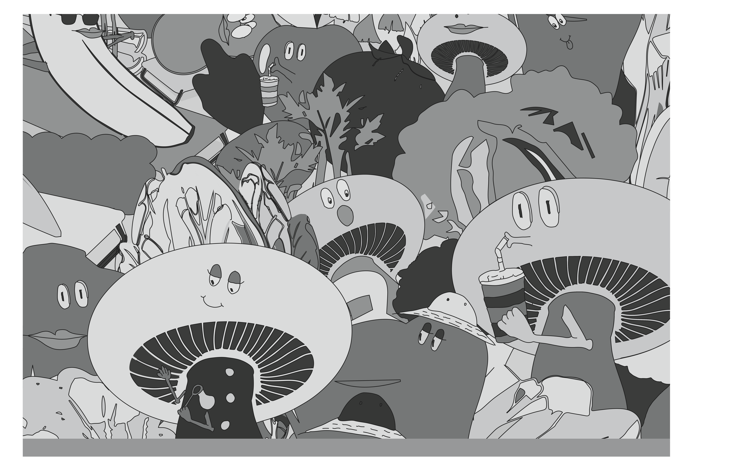 Grayscale design proof of custom illustrated food-themed wallcovering prepared for large-scale commercial environmental graphics installation