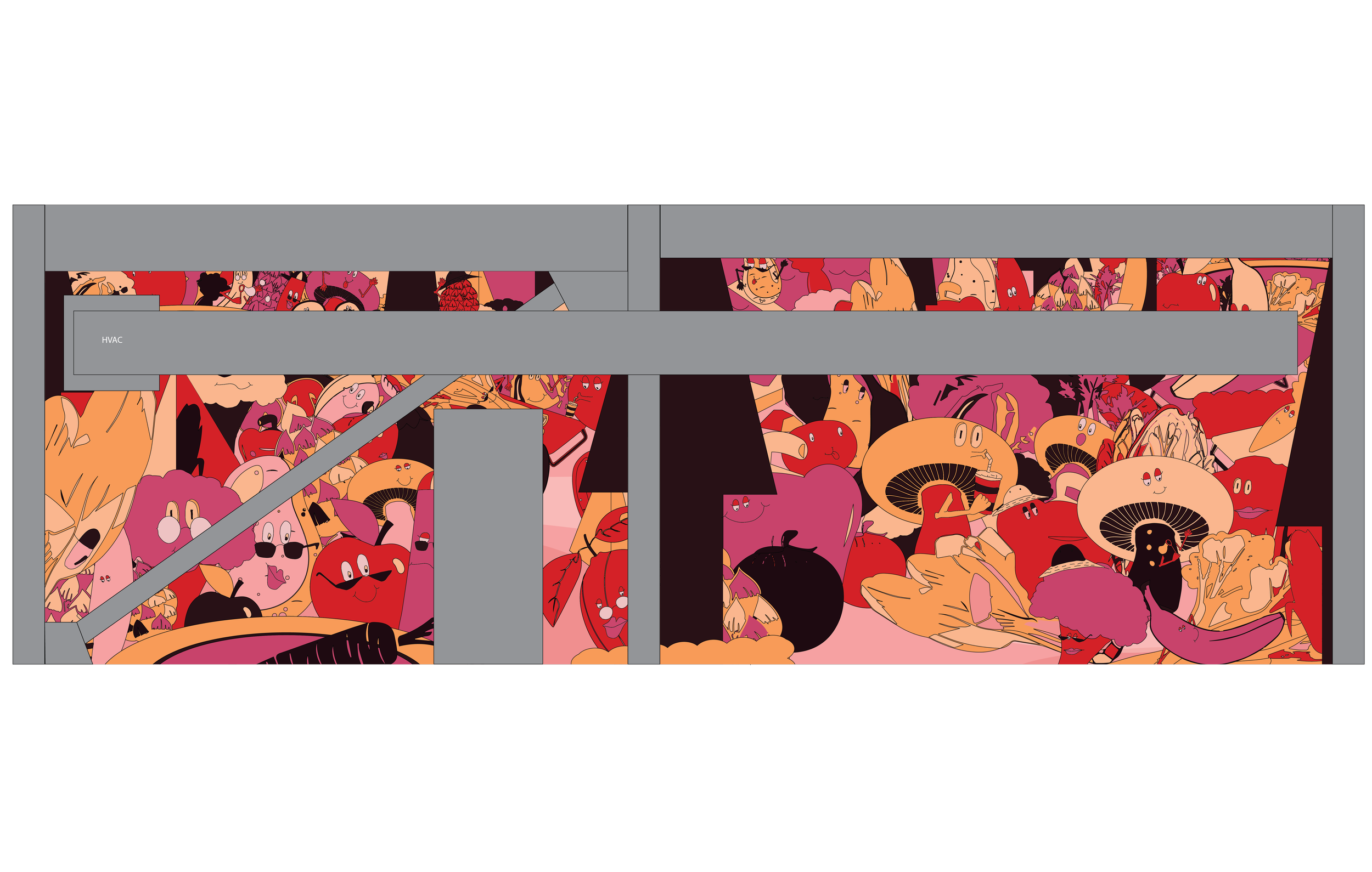 Custom illustrated wallcovering design proof featuring bold food-themed graphics planned for large-scale commercial environmental graphics installation