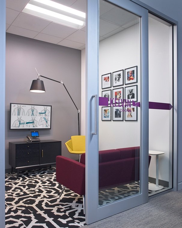 Color-accent decorative window film applied to meeting room glass partition