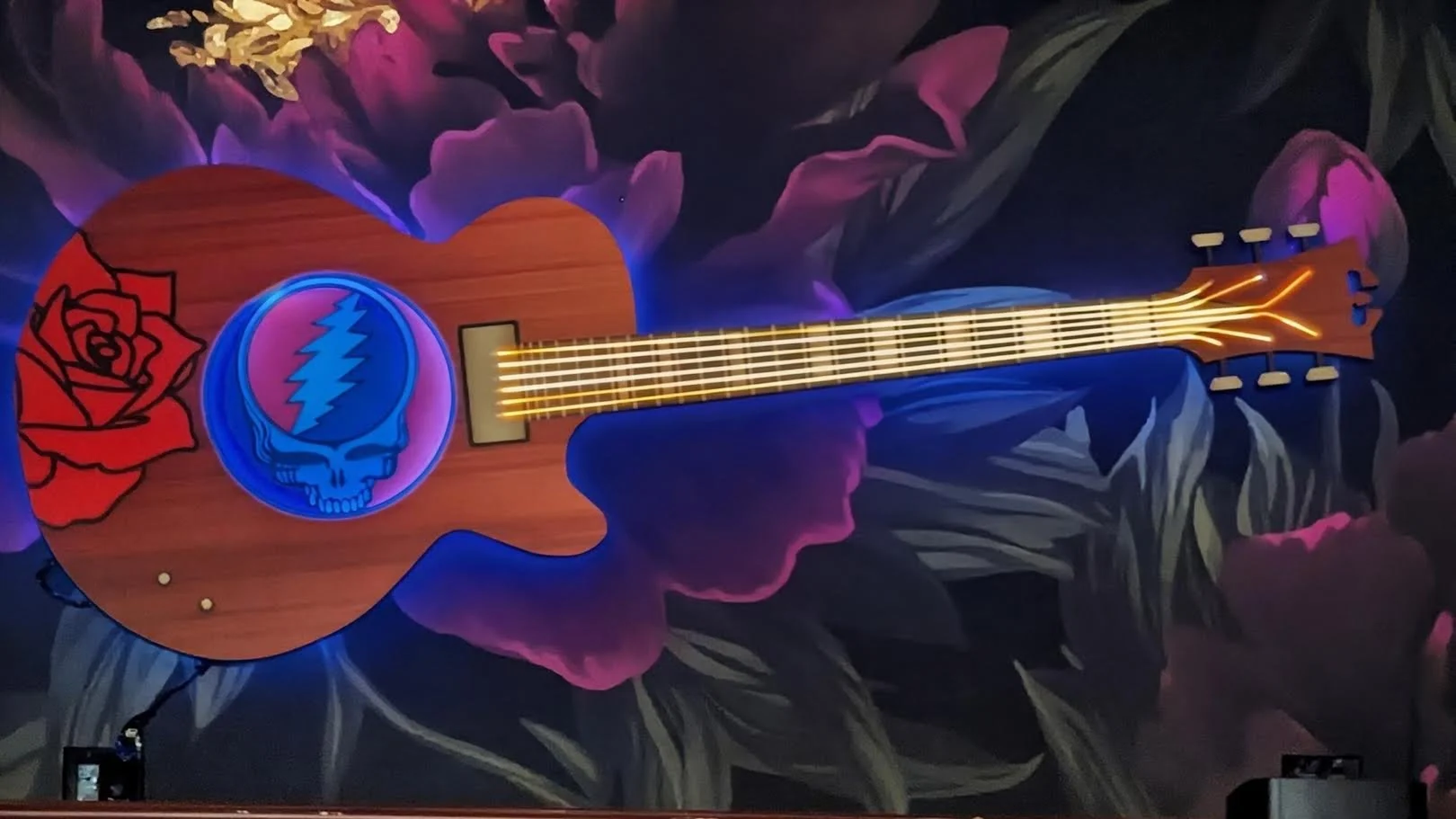 Custom environmental graphic featuring illuminated guitar artwork created for immersive branded interior environment