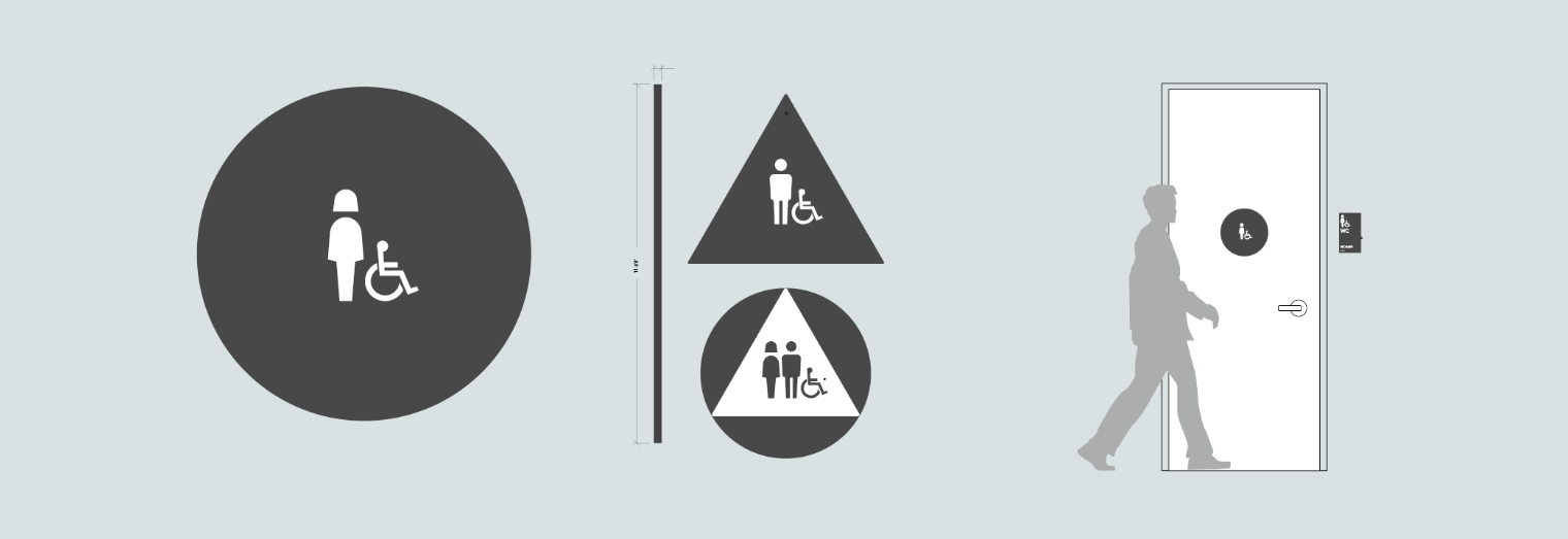 ADA-compliant restroom signage with accessibility symbols designed for inclusive wayfinding in commercial and corporate interiors.