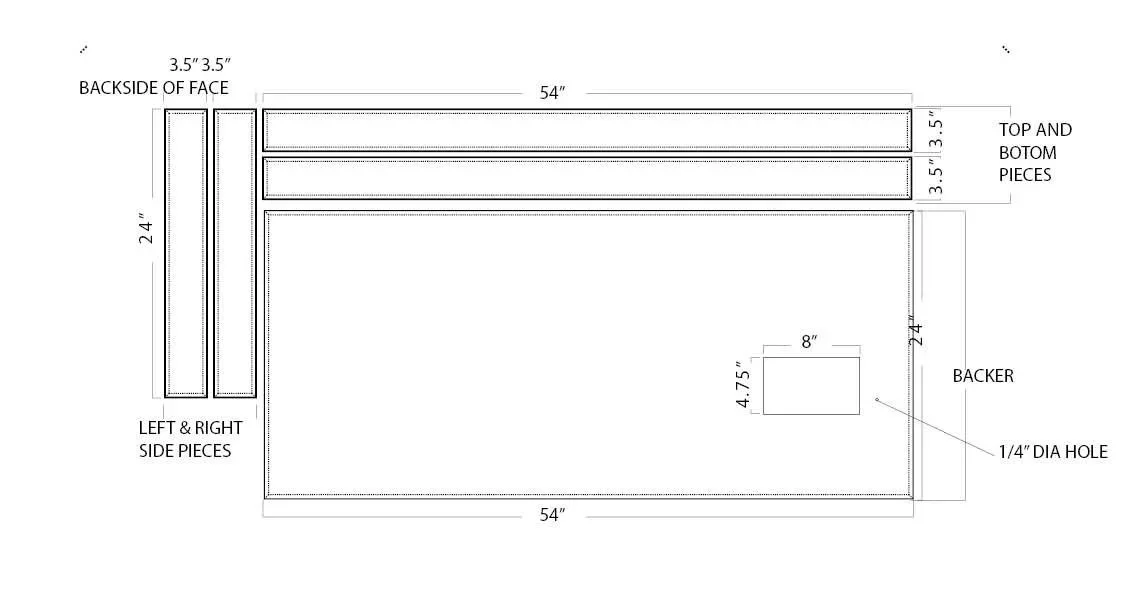 Technical layout drawing of custom signage backer panel with dimensions and mounting hole locations for commercial hospitality sign fabrication.