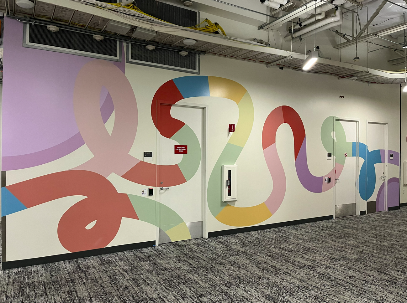 Final installed environmental wall graphics extending through a hallway in the Amphitheatre.