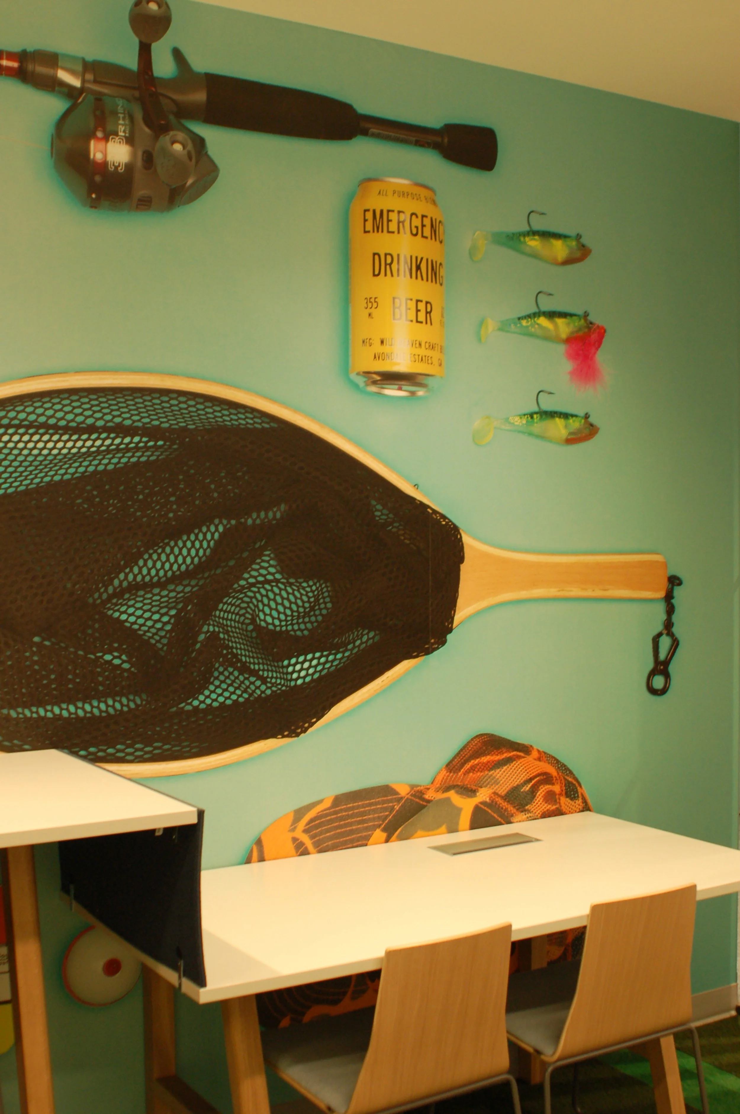 Custom illustrated nature-themed wallcovering adding playful storytelling to a commercial or educational space.