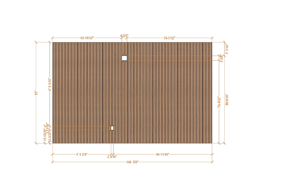 Wood slat acoustic wall panel layout mockup with dimensions showing spacing and overall installation measurements for commercial interior feature wall.