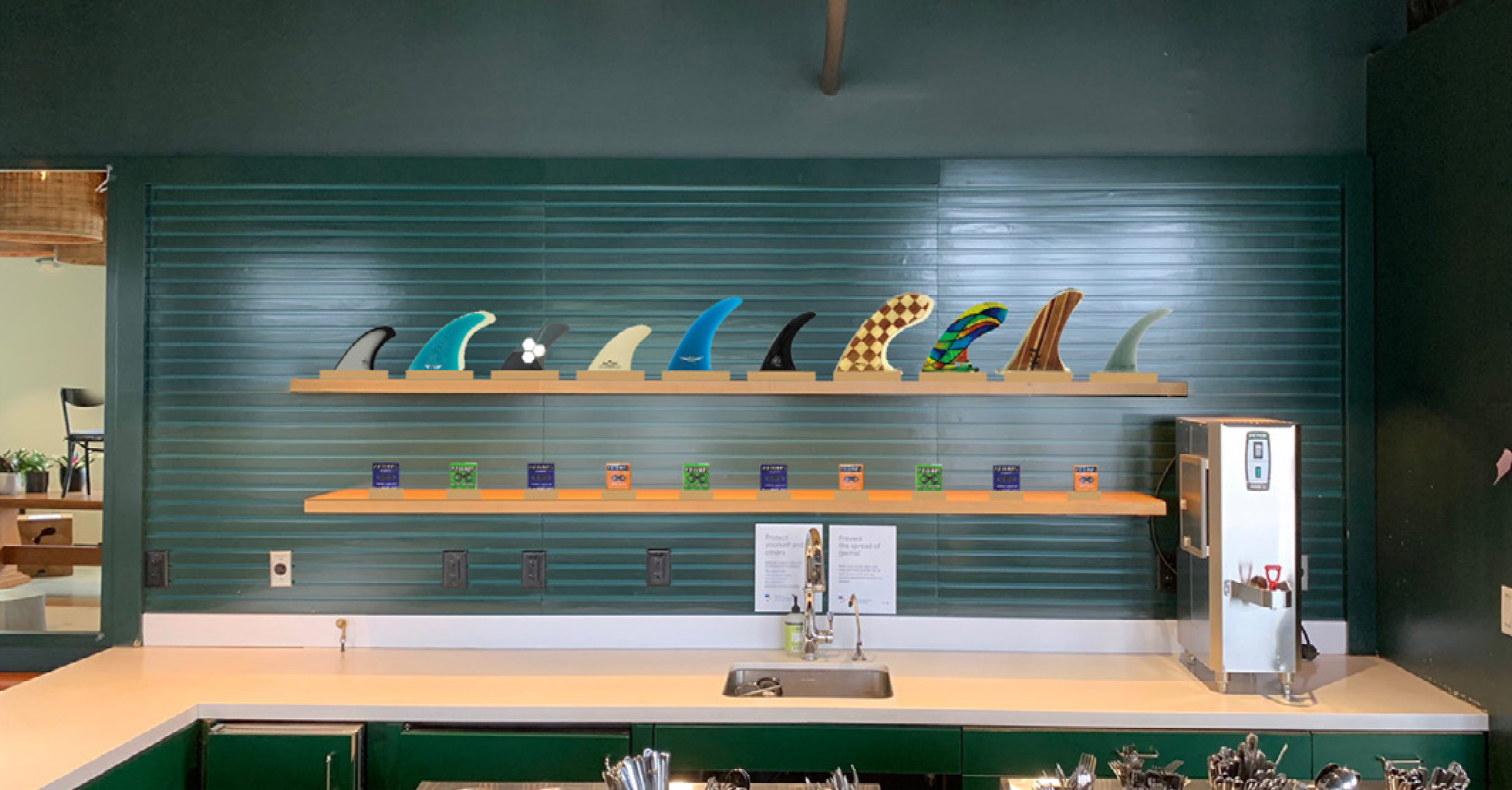 Mock up on actual wall of custom 3D dimensional feature wall at Google Santa Cruz, adding texture, depth, and visual impact to the workplace environment.