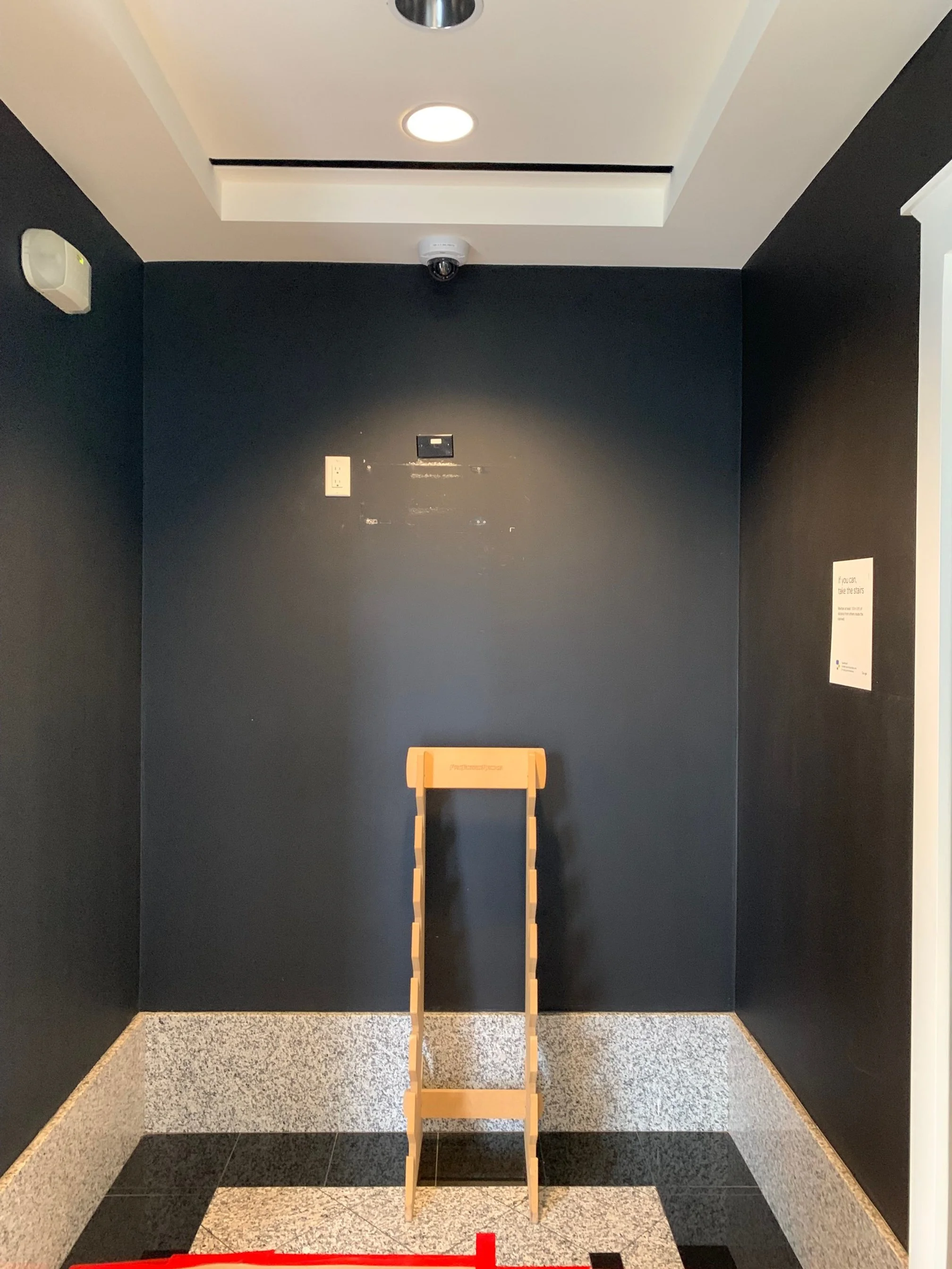Fourth floor lobby before installation of signage at Google Santa Cruz showcasing dimensional branding elements integrated into the interior environment.